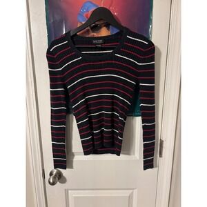 New York & Company Navy y2k Striped Ribbed Knit Sweater Womens Medium
